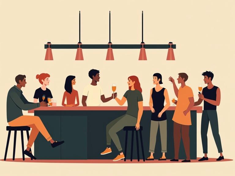 Bar scene with stylized characters in minimalist vector illustration. Clean colors simple shapes no detailed anatomy. Modern editorial style. Characters dressed in functional clothing. Background minimal and abstract.