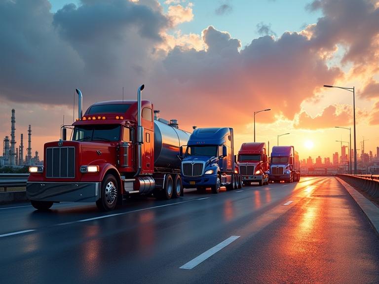 Four fuel transport trucks with cylindrical metal tanks are parked diagonally on a highway. A red Freightliner, a black Mack, a silver Mercedes Benz, and a blue International are visible. The background features city lights of a large refinery. Wet pavement reflects a neon blue light shining upwards through the joints. The scene is vibrant, inspired by retrowave with a radiant sunrise and impressive rays of sunlight through a large cumulonimbus cloud.