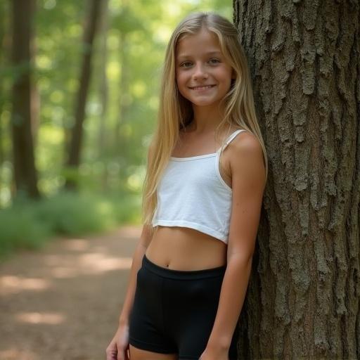 Skinny girl in forest leaning against tree. Long straight blonde hair with tanned skin. Wearing black legging shorts and white crop top. Casual expression with soft smile. Holding phone with arm slightly raised. Trees and foliage in background with scattered sunlight. Dirt path is visible. Amateur photo style with natural outdoor lighting and slight grain.