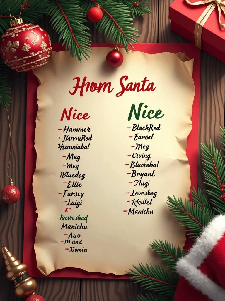 Letter from Santa shows a Naughty and Nice list. Nice list has names like Hammer and Ellie. Naughty list includes Farscy and Manchu. Decorated with Christmas ornaments and a gift box. Festive colors and warm lighting create a holiday spirit.