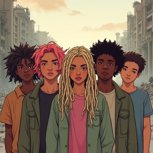 Dibujo de un grupo de amigos en una ciudad destruida.