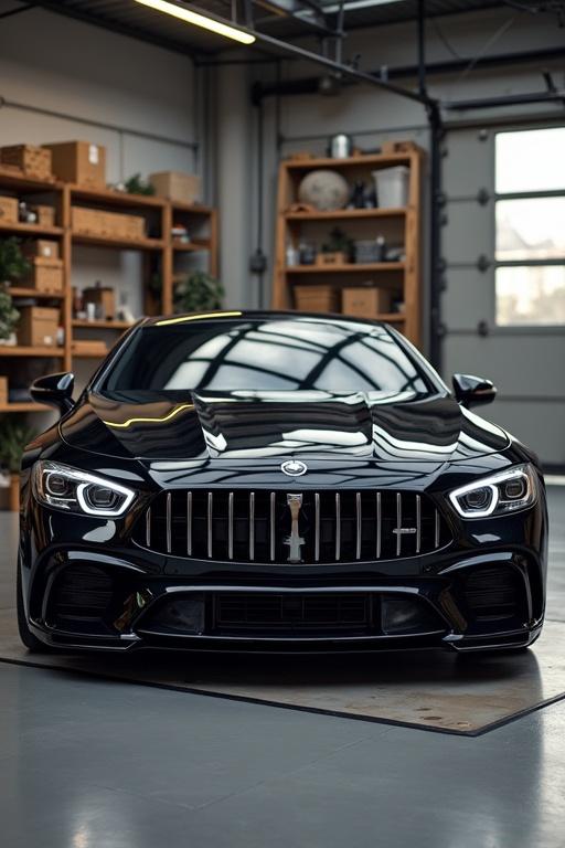 Image of a black luxury car displayed indoors. Car features a sleek design with sharp lines. Garage setting with organized storage in the background. Bright lighting illuminates the scene. Focus on the vehicle's front.