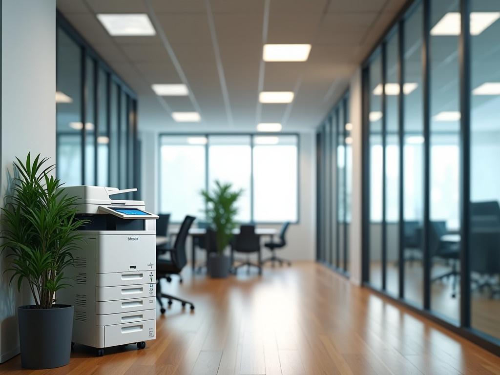 The image depicts a modern office environment with a spacious layout. There are glass walls separating different office areas, creating a bright and open atmosphere. A few overhead lights provide illumination, adding to the overall bright feel of the room. In the foreground, there is a printer/copier machine positioned beside a corner plant, lending a touch of greenery to the space. The furniture includes sleek office chairs, and there is a desk in the visible room, suggesting a functional workspace. The flooring is polished wood, which enhances the contemporary design of the office.