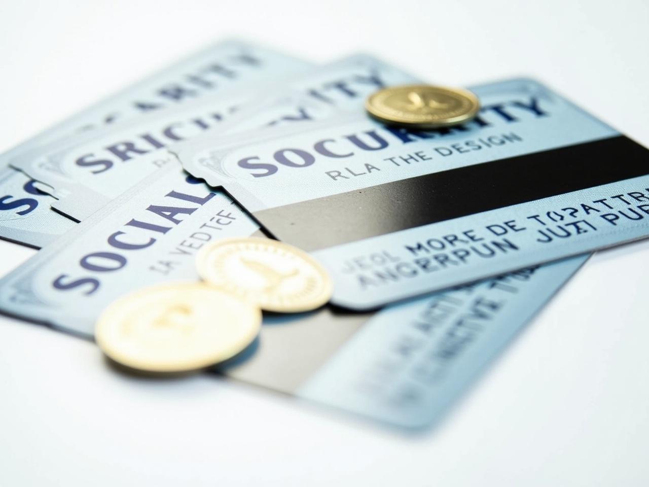 This image features close-up shots of Social Security cards, emphasizing their design and lettering. The cards display the prominent title 'SOCIAL SECURITY' in bold, blue lettering. The focus is on the unique card details, including numbers, which are significant for identity verification. Bright lighting highlights the intricate design of the cards. The composition captures both aesthetic elements and the practical importance of these documents. The cards are arranged thoughtfully on a white background, enhancing a clean and professional appearance.