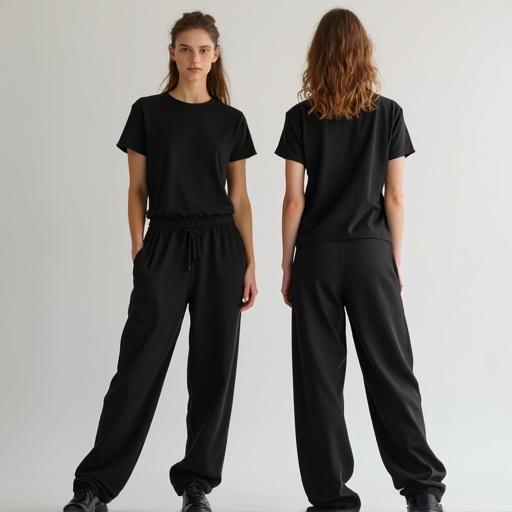 Two female models are displayed. Both wear black t-shirts and black sweatpants. One model faces the front while the other faces the back. Models have a casual and modern style.