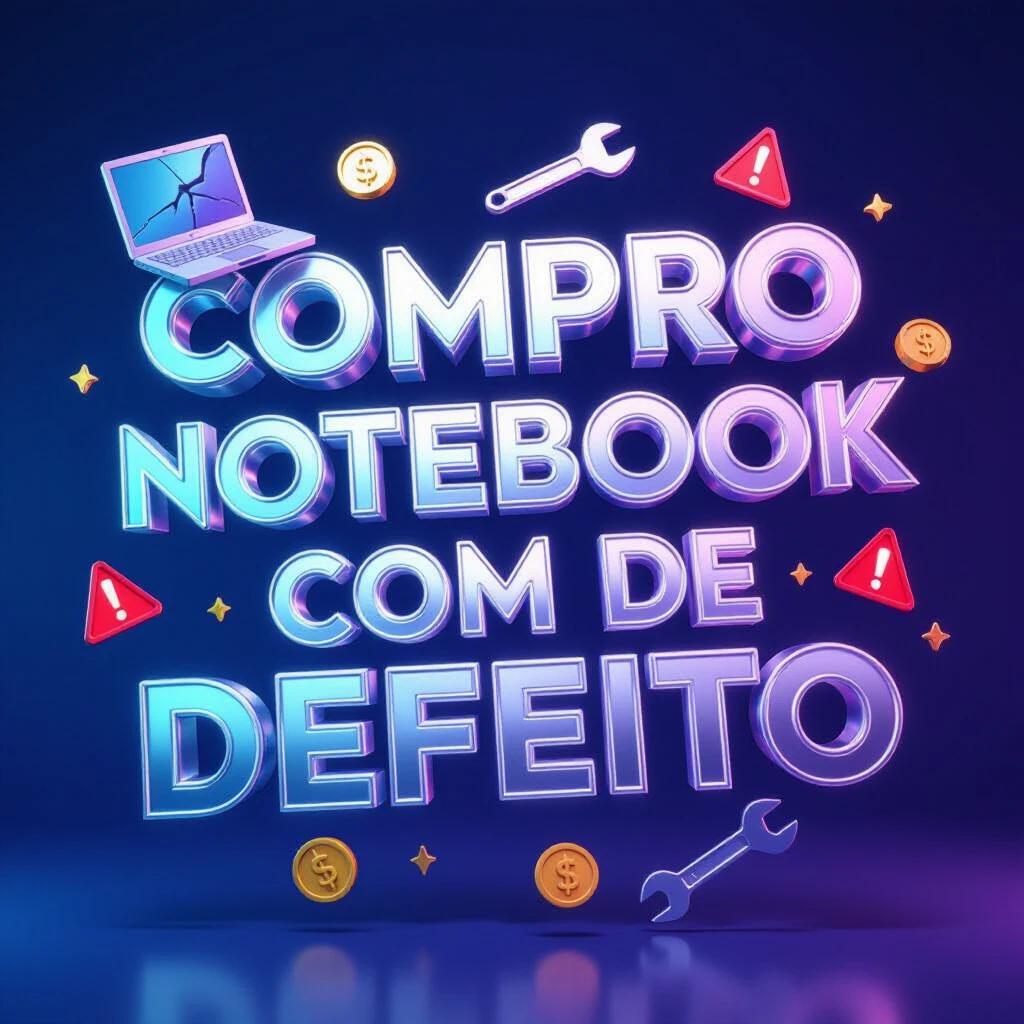 3D rendered advertisement with the text 'COMPRO NOTEBOOK COM DEFEITO'. Bold metallic typography. Surrounding 3D icons include cracked notebook, gold reais, repair tools, warning symbols. Background is dark blue to purple gradient with neon effects. High-quality render.