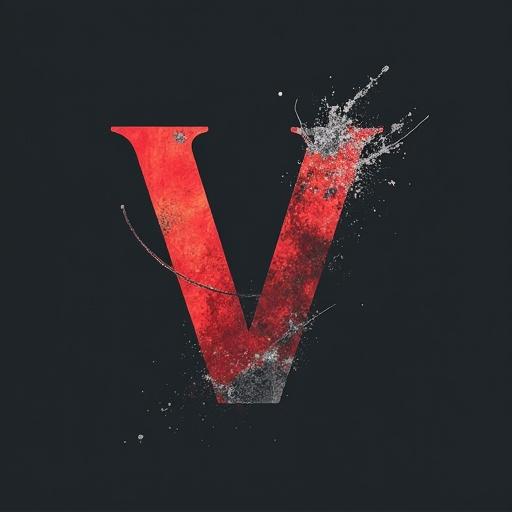 Design a logo using the letter V. The letter V has a bold and slightly distressed style. Use a combination of red and gray colors against a black background. Incorporate artistic splashes around the letter for effect.