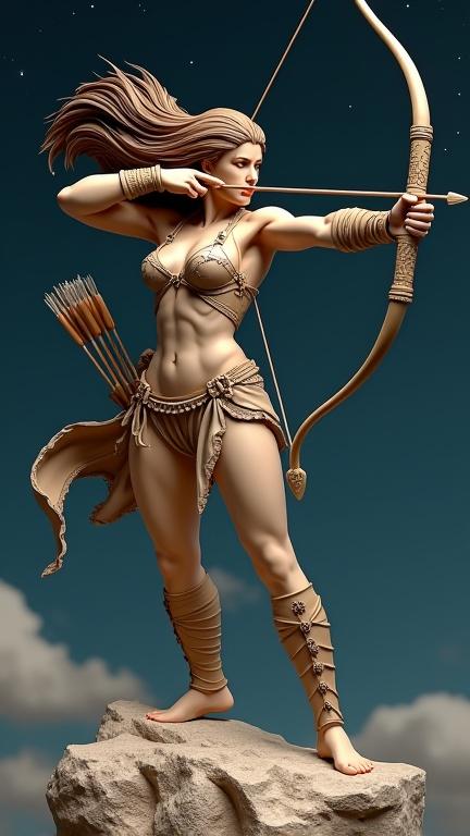 Resin sculpture of a powerful goddess inspired by Sagittarius. She stands in a dynamic pose with a bow, ready to shoot an arrow. The armor is tribal in style with leather and metal details. Long hair blown by wind. A quiver of arrows is on her back. The base looks like a rocky mountaintop under a starry sky.