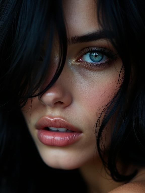 Macro portrait of a woman with black hair and turquoise blue eyes. Woman leans towards the camera. High contrast lighting against a dark background. Closed lips and neutral expression.