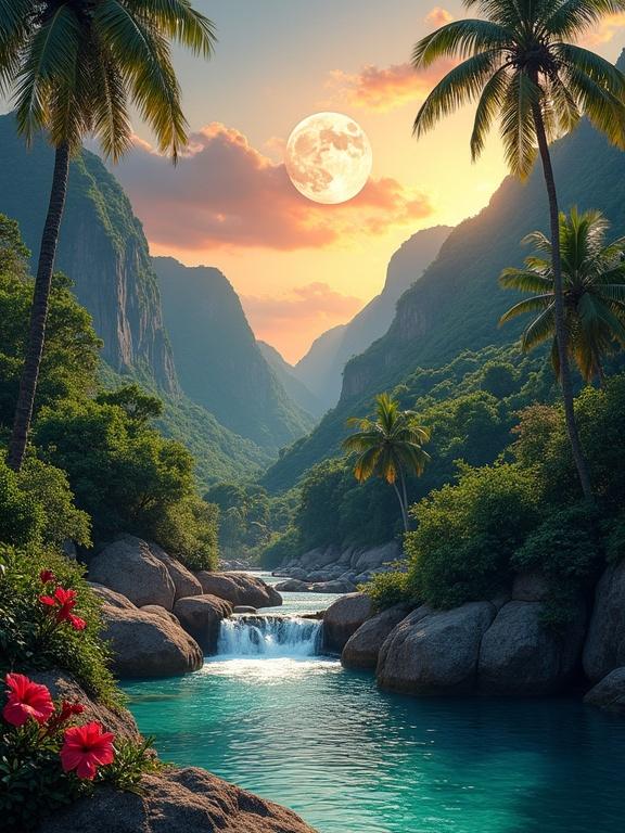 Stunning tropical landscape at sunset or moonrise. Clear turquoise river flowing through the scene. Gentle waterfall cascading over rocks. Smooth, rounded rocks in brown and gray. Tall palm trees with green fronds scattered throughout. Dense green foliage in the valley. Vibrant red hibiscus flowers along the riverbank. Rugged green mountains in the background. Peaks silhouetted against the sky. Dramatic sky with orange, pink, and purple hues. Large bright full moon dominating the upper center. Soft, silvery glow over the scene. Harmonious mix of cool blues, warm golds, lush greens.