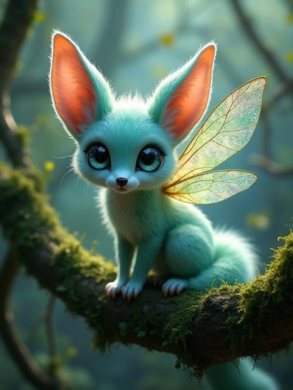 Fantasy-inspired creature perched on mossy tree branch in a mystical forest. Creature resembles fox and fairy. Body is small and agile. Fur is teal and light green. Eyes are large and icy blue. Ears are big with pink inner linings. Wings are translucent and iridescent. Tail is bushy, colored like the body. Setting is magical with green moss and filtered light.