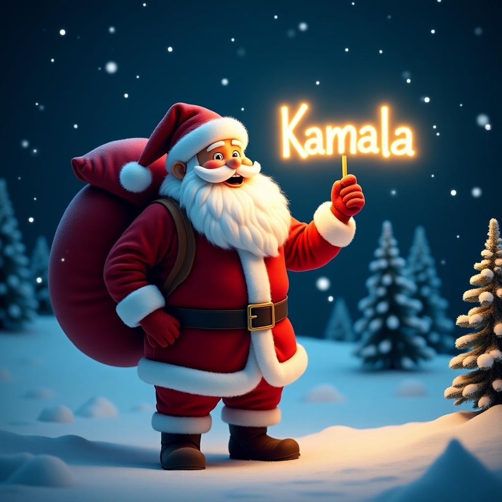 The image features a cheerful Santa Claus standing in a snowy landscape. He has a large red sack slung over his shoulder and is holding a glowing stick forming the name 'Kamala.' Santa is dressed in his traditional red and white outfit, complete with a belt and boots. His expression is jolly, exuding warmth and holiday cheer. Behind him, the night sky is illuminated with twinkling stars. Pine trees dot the snowy ground, creating a festive winter atmosphere. This scene captures the magic of Christmas and the joy of the season.