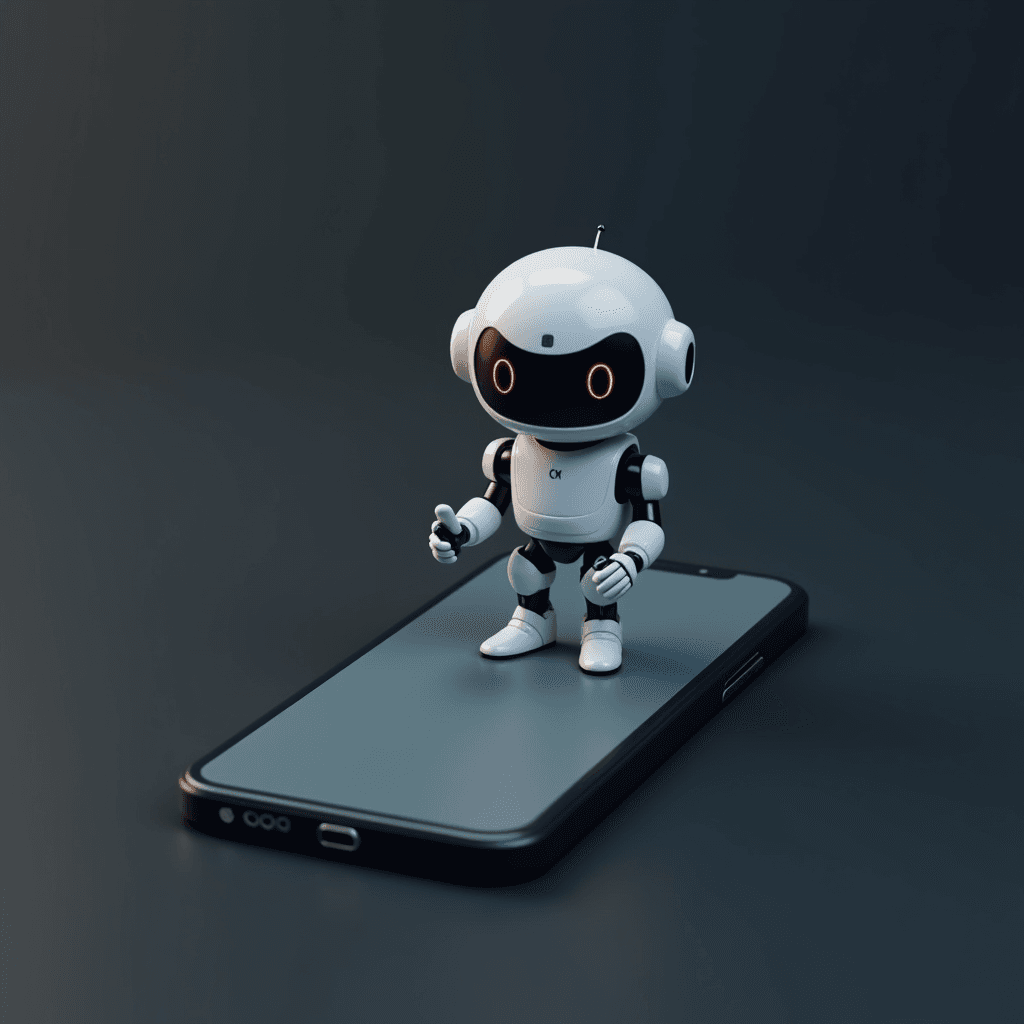 A small, white robot with glowing eyes stands on a large smartphone.