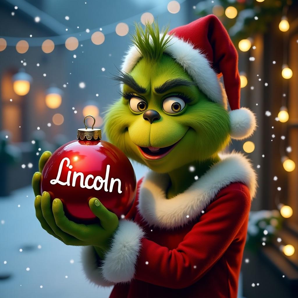 Grinch character in a red and white outfit holds a Christmas bauble with the name Lincoln. A snowy background with twinkling Christmas lights creates a festive atmosphere.