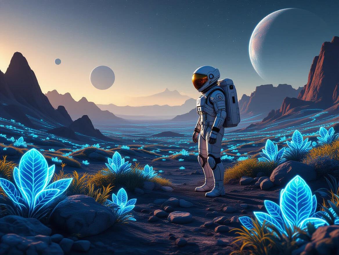 A futuristic astronaut exploring an alien planet features bioluminescent flora. The scene captures a vast, vibrant landscape with glowing plants against a backdrop of mountains.
