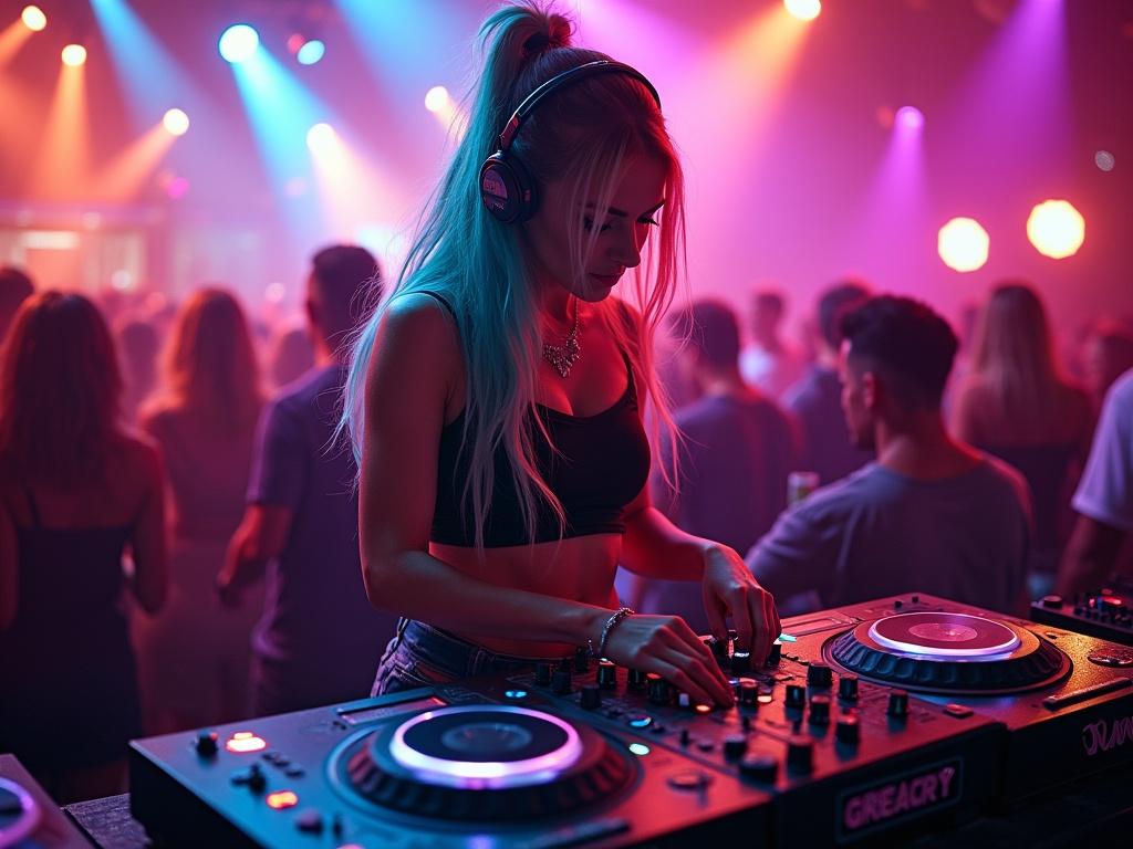 An image of a girl DJ in a nightclub. She has brightly colored hair and is wearing stylish club attire, surrounded by vibrant lights and energetic partygoers. The composition is dynamic, with a focus on the DJ booth, showcasing her passionate performance as she mixes music. The overall ambiance is lively, filled with pops of color, and the pop art style emphasizes the excitement of the scene.