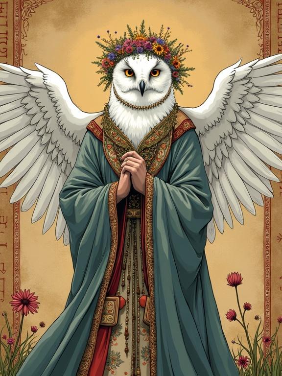 Anime-style digital illustration shows a full-body portrait of an anthropomorphic white owl druid priestess. She wears traditional Slavic folk robes with layered patterns and bead necklaces. Her wings spread gracefully like sleeves of her ornate garment. Features sharp intelligent eyes and soft feathers. Background is an ancient papyrus with mystical runes. Soft warm lighting creates a mystical atmosphere with dramatic shadows and layers.