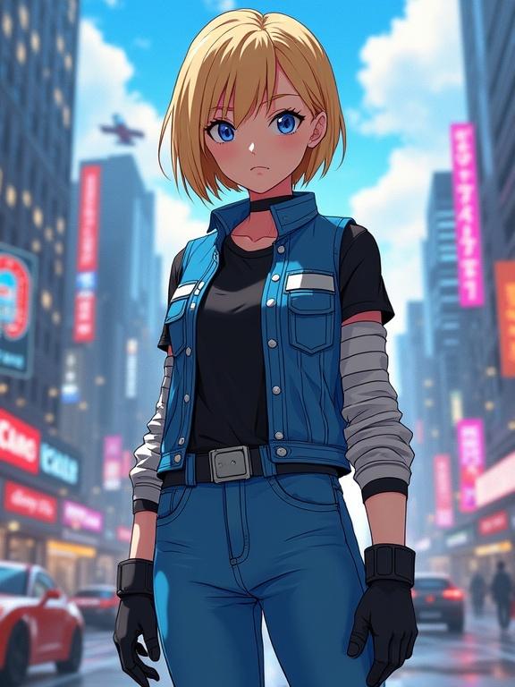 Digital anime illustration featuring a character with short blonde hair. The character wears a blue denim vest, black t-shirt, striped sleeves, blue jeans, and black gloves. The background shows futuristic streets with neon signs and flying cars. Focus on vibrant colors and realistic details.