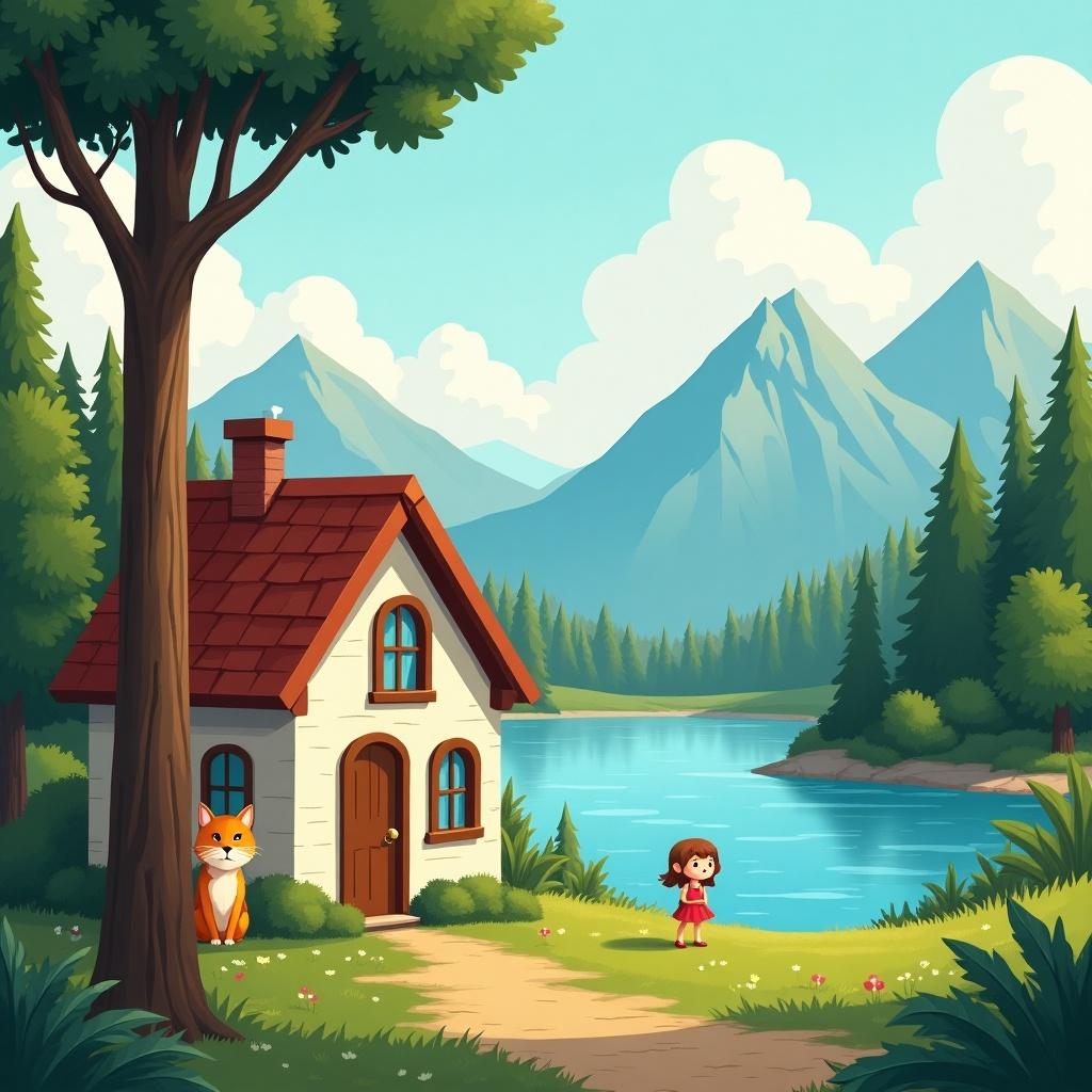 This image depicts a charming landscape featuring a quaint house by a serene lake. In front of the house, there's a friendly fox leaning against a tree. A little girl stands next to the lake, enjoying the peaceful scenery. The background showcases a lush forest and majestic mountains, creating a picturesque view. The overall atmosphere is bright and cheerful, perfect for children's themes.