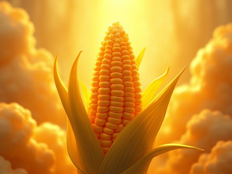 Anthropomorphic hero corn with a golden glow. Cel-shaded painterly 3D anime style.