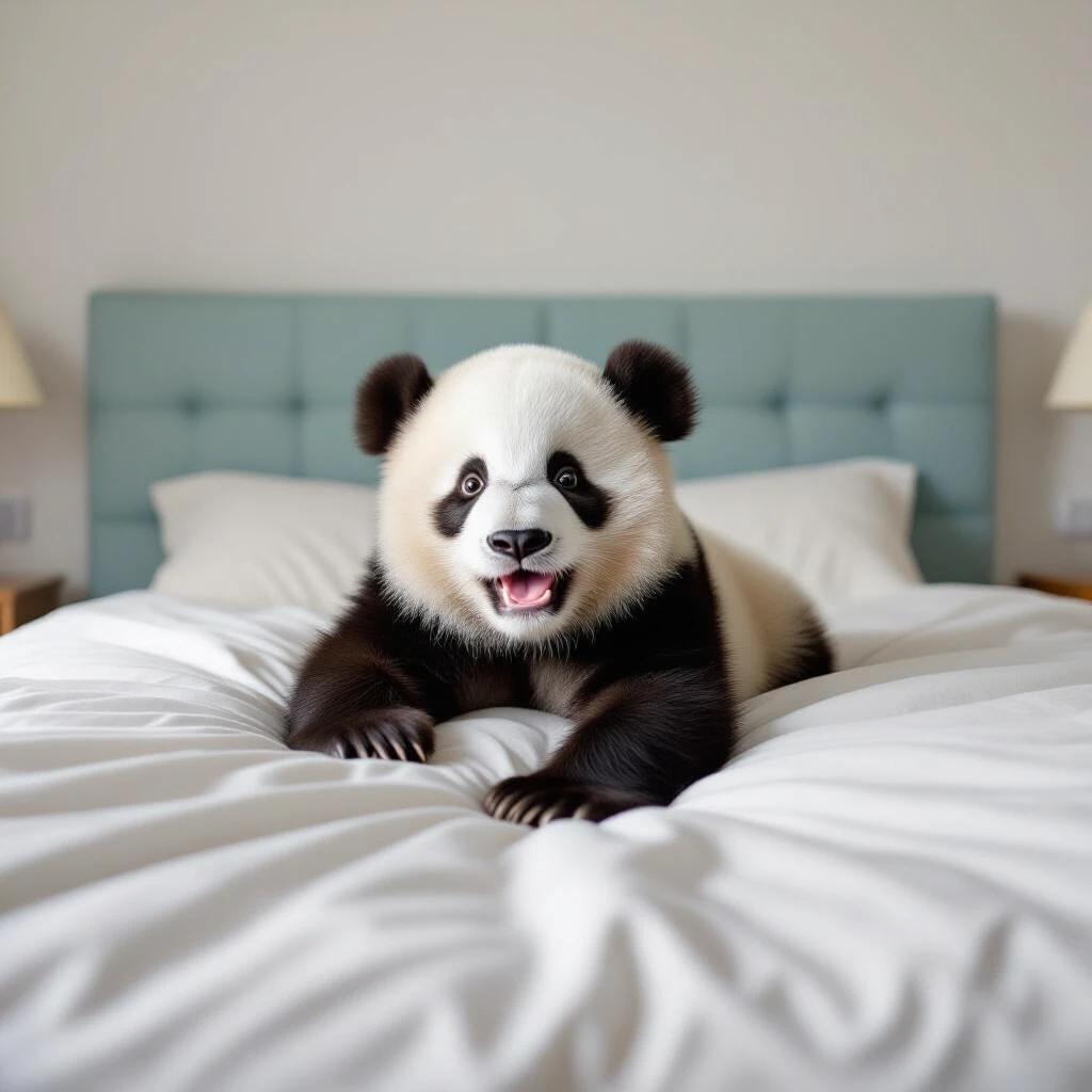 A panda cub is lying on a bed in a cozy bedroom. The panda has a playful expression. The setting is bright and inviting. The bed is made with white sheets and a light blue headboard.