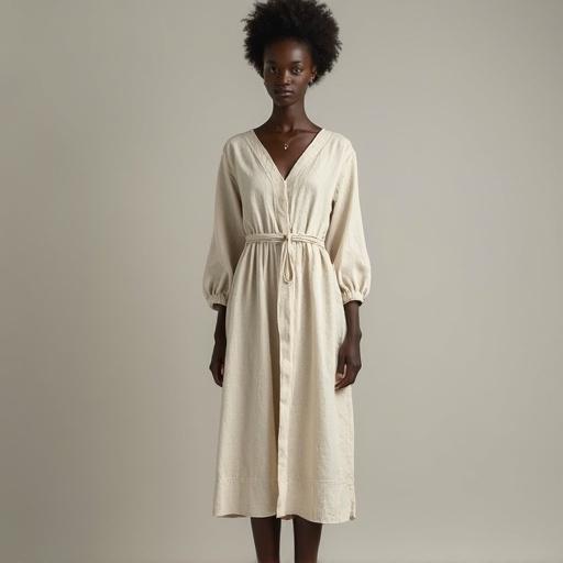 Full body portrait of a woman wearing a linen tunic. Dark skin. Tunic has a v-neck and balloon sleeves. Dress is cream colored. Woman stands straight with a slight smile. Background is neutral.