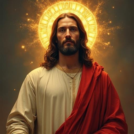 Jesus depicted with a glowing halo. He wears a white tunic and a red cloak. Background features radiant light.