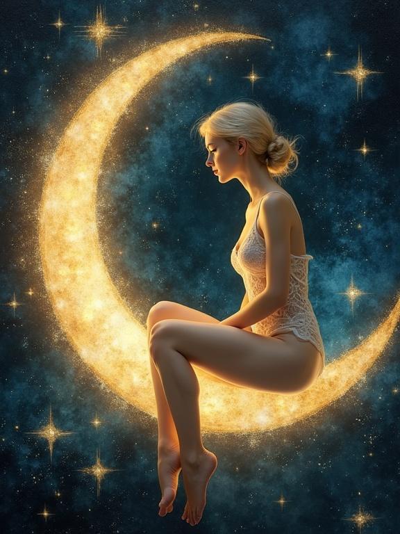 A delicate woman with porcelain skin wearing lace sits on a crescent moon. Gold leaf highlights shimmer creating a dreamy effect. Background features a dynamic nebula. Highly textured painting, hyper detailed and ethereal masterpiece.
