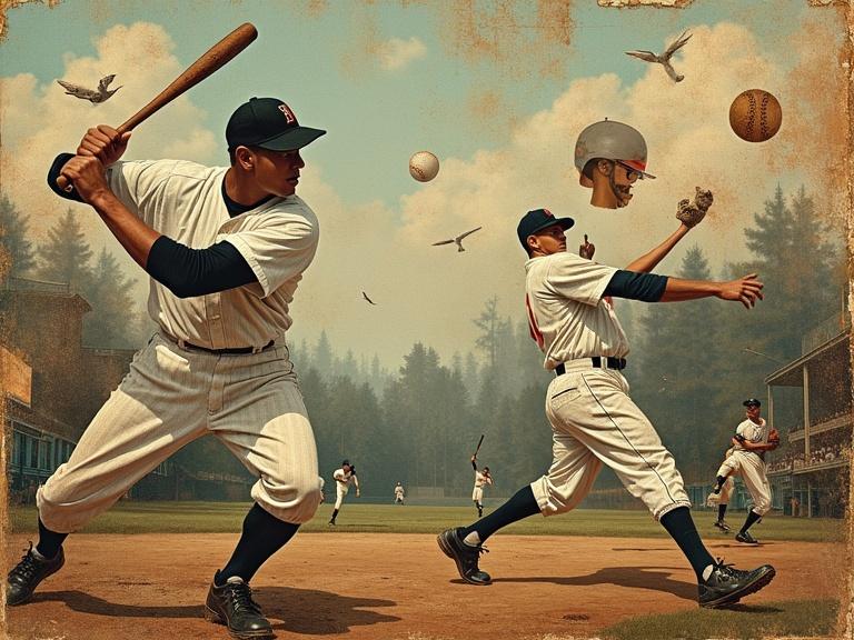 Collage style artwork blending baseball imagery with surreal elements. Features vintage players in action against a textured background. Creates nostalgia and fantasy feelings.