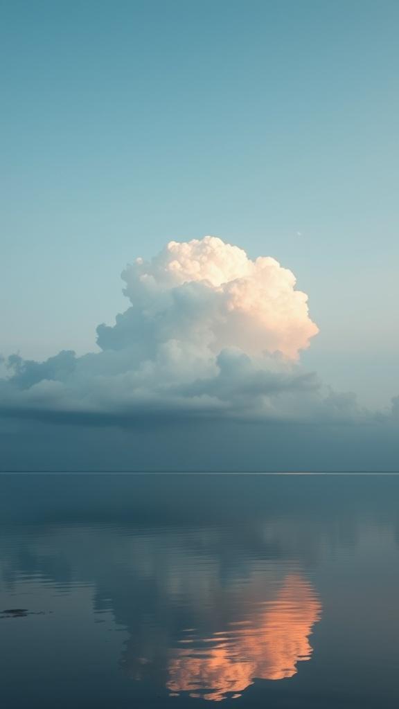 This image captures a tranquil scene of a fluffy, sunlit cloud suspended above a calm body of water. The cloud's reflection creates a symmetrical visual on the serene, glassy surface. The sky transitions from a soft blue at the top to gentle pink and orange hues, creating a peaceful atmosphere.