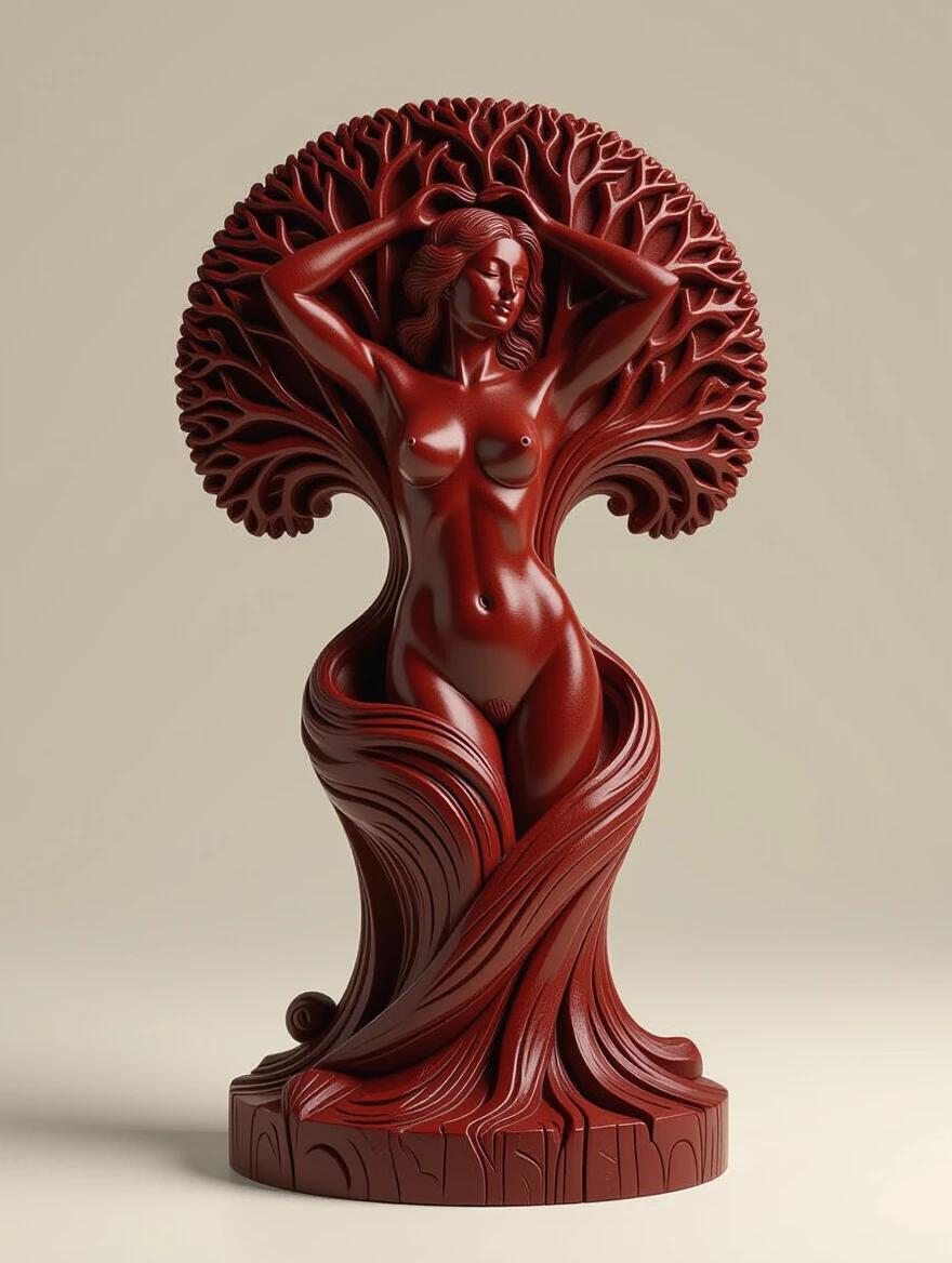 Detailed close-up of a burgundy wooden sculpture depicting a naked woman and a tree. The design incorporates rough textures and visible wood grain. It appears as a spirit form emerging from natural elements.