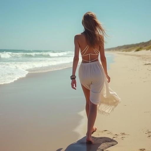 A girl walking on the beach in a lightweight dress. Sandy shore and ocean waves visible in the background. Sunny day with bright blue skies. Hair flowing in the breeze.