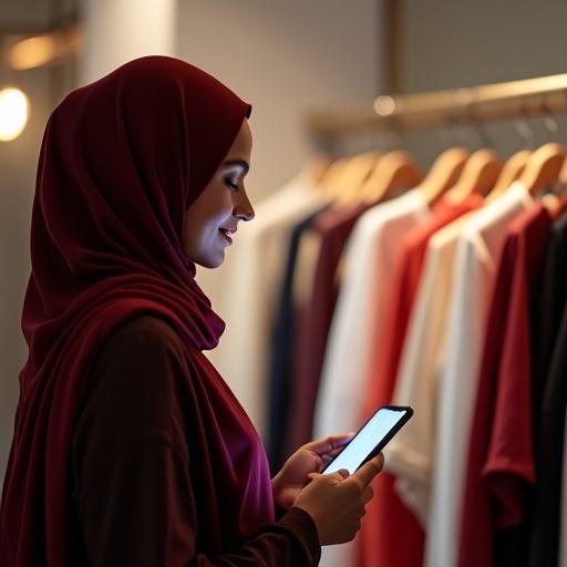 Muslim woman with hijab holds smartphone. Scrolling through garments. Hanger rack filled with clothes in front. Soft smile on face. Dynamic scene with motion. Warm indoor lighting creates calm atmosphere. Elegant colors of dark red, white, and gold.