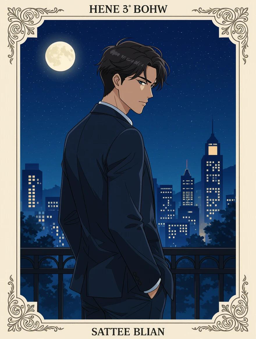 A full-body illustration of a 34-year-old man standing in a nighttime scene in refined anime style. He is slim and medium-tall, partially turned with a sharp gaze and a melancholic expression. His dark hair frames his face. He wears a dark button-down coat over a light shirt and a dark tie. The setting is illuminated by moonlight and warm interior lights, with a deep indigo sky behind. The art is reminiscent of 19th-century aesthetics with graceful linework.
