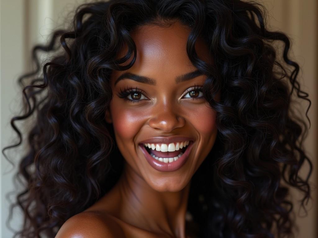 This image captures a joyful woman with beautiful, voluminous curly hair. She is smiling widely, showcasing her bright, healthy skin. The soft lighting accentuates her features and creates a warm atmosphere. The close-up perspective focuses on her radiant expression. This portrait represents themes of beauty and confidence.