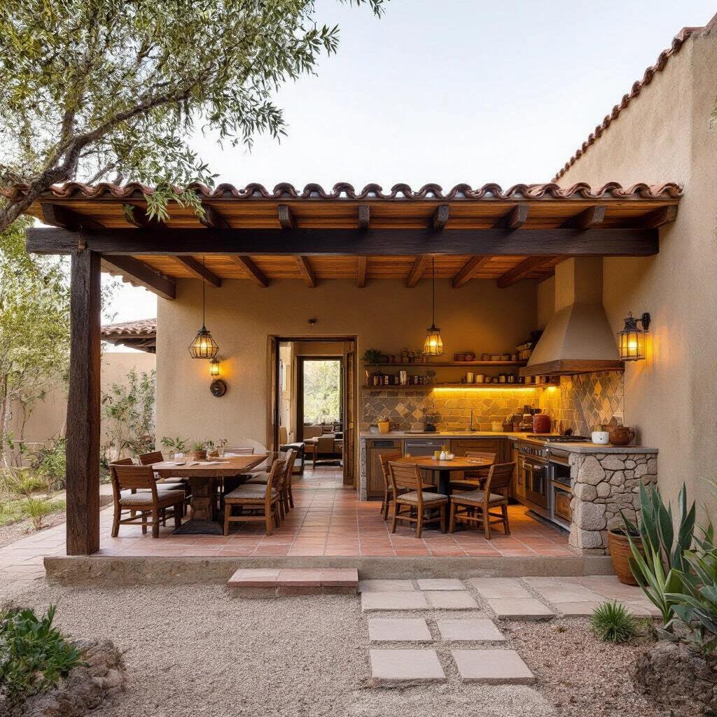Design rustic-style urban house. 1000 square meter city lot. Focus on compact functional layout. Include main bedroom with bathroom, integrated rustic kitchen with stone wood finishes, small living-dining area, guest bathroom, covered terrace with wooden beams clay tile roof. Use natural materials adobe walls exposed wood terracotta flooring handmade ironwork. Include rear stone wall for security small patio with gravel native plants ambient lantern lighting. Architecture must be warm inviting designed for larger future residence. Subtle urban background no neighbors clean context. Golden hour lighting photorealistic 4K render architectural visualization.