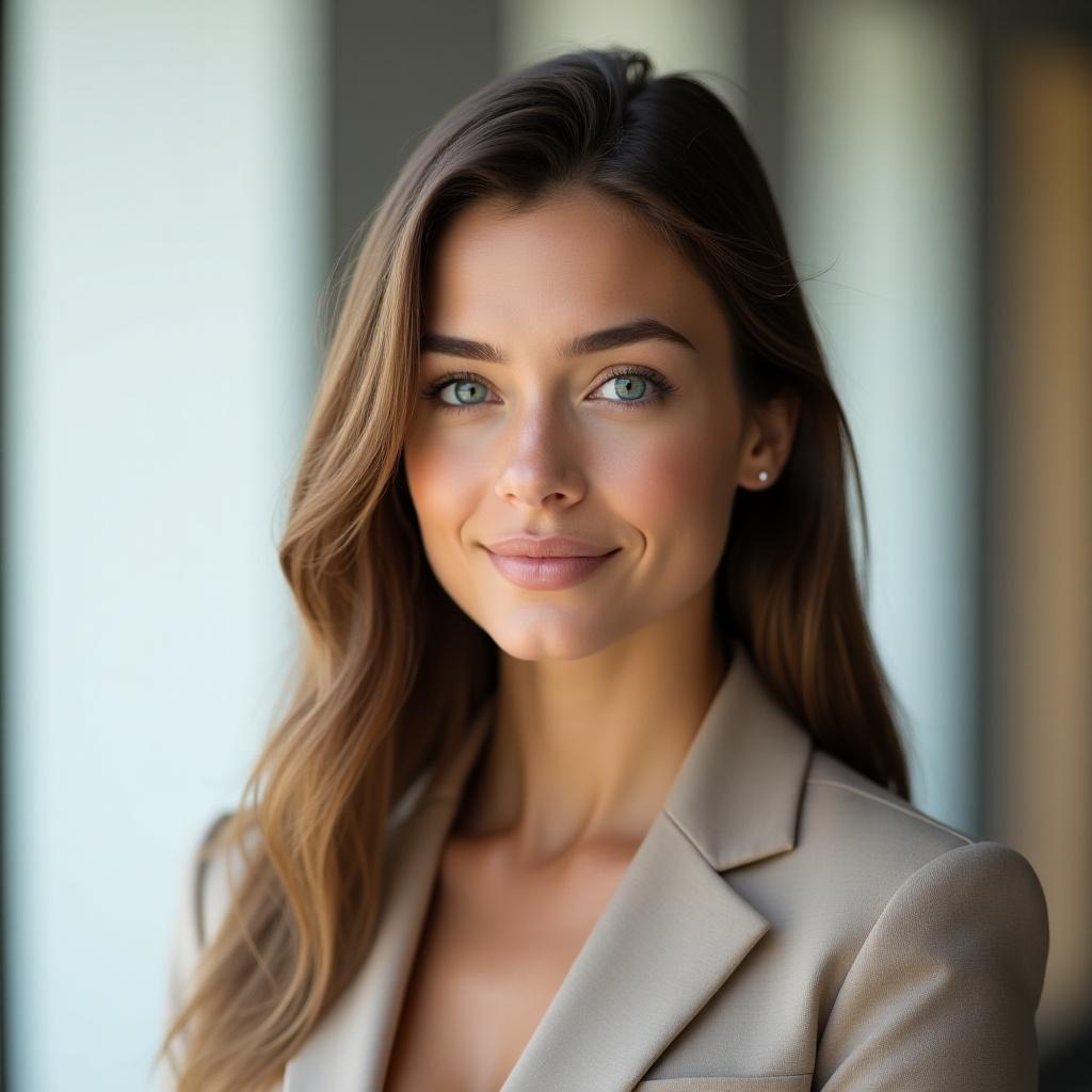 Elegant portrait of a young woman with smooth brown hair and striking blue eyes. Softly lit environment. Wearing a neutral tone blazer. Minimalist background in light and neutral tones. Focus on her face and direct gaze at the camera. Photorealistic style with high resolution and sharp focus. Warm and sophisticated appearance conveying intelligence and innovation.