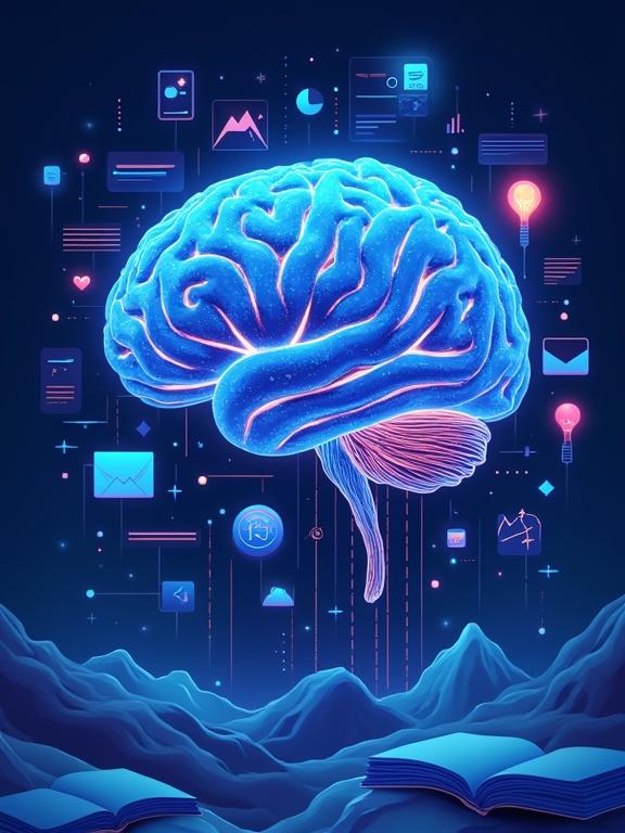 A digital illustration showcases a glowing brain intertwined with code brackets lightbulbs checklists and speech bubbles. The background contains layers of icons symbolizing creativity technology education and personal growth including books laptops compasses and mountains. The image employs a modern color palette of deep blues purples and glowing cyan highlights. The style is clean slightly surreal and visually rich. It symbolizes the power of well-crafted prompts.