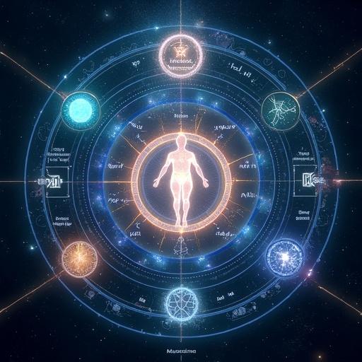 Diagram titled Q-Life Healing Mod v6.0 presenting a cosmic life re-creation system. At center, a radiant human form labeled with quantum coding. Surrounded by layered energy fields indicating various dimensional realms. Featuring glowing energy lines, sacred geometry, and luminous symbols. Detailed core components related to trauma transcendence and mental realignment. The visual style combines cosmic aesthetics with scientific notation.