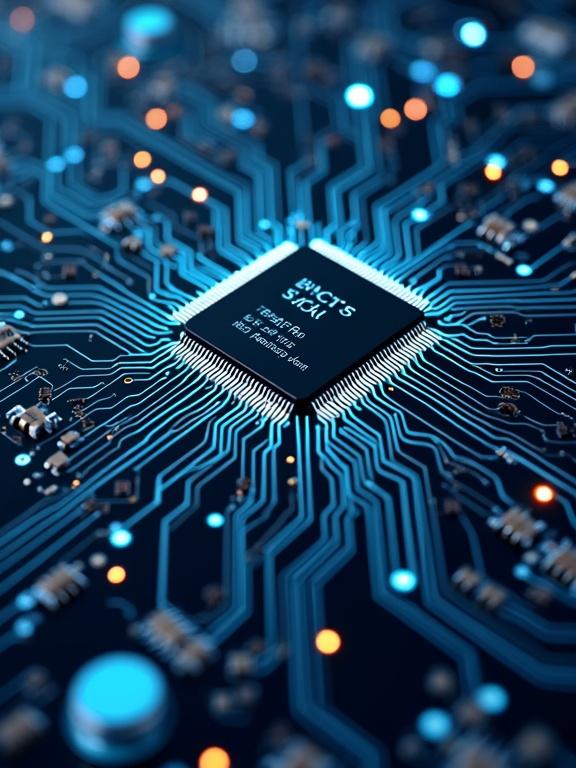 Illustration of a close-up view of a circuit board featuring a prominent integrated circuit in the center with detailed wiring and connections