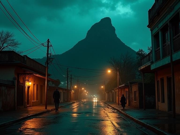 Cinematic frame with dark neo-noir aesthetic set in Monterrey. Iconic Cerro de la Silla appears against a stormy sky. Scene on rain-soaked streets reflects neon lights. A mysterious figure in a trench coat watches from the shadows. Dramatic chiaroscuro lighting creates a suspenseful atmosphere. Desaturated color palette with vibrant neon highlights.