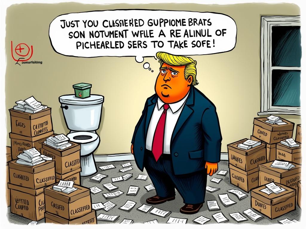 This is a political cartoon featuring a character resembling Donald Trump in a business suit. He has a comically exaggerated orange face and is standing in a disheveled room filled with overflowing boxes labeled 'CLASSIFIED' scattered around. There's a toilet visible in the background, hinting at a chaotic scene. Trump is depicted with a worried expression, seemingly contemplating the scattering of classified documents around him. The text above him humorously suggests that sensitive documents need to be handled with extreme care, in light of the messy situation.