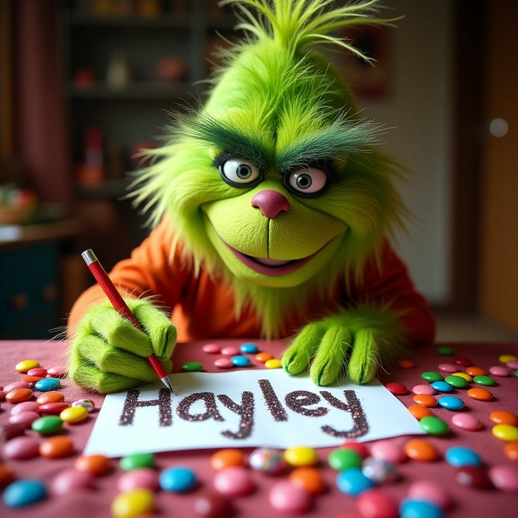 A multicoloured sparkly grinch writing the name 'Hayley' on a table full of candy.