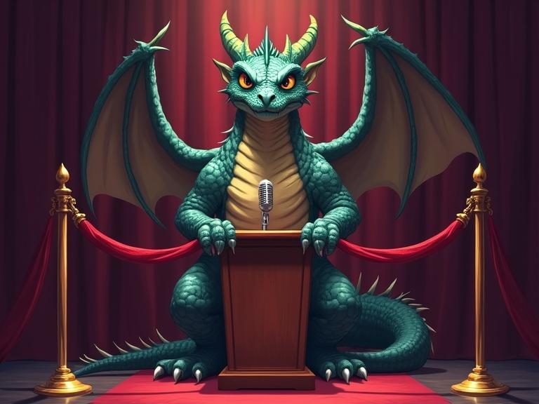 A powerful dragon stands guard at a lectern with a microphone behind it. The dragon grips a red velvet rope barrier, blocking access to the lectern. The scene combines elements of fantasy and formality. The colour palette includes rich maroons, deep navy blues, and soft pale yellows. The lighting is moody and theatrical, casting dramatic shadows. Style is digital illustration with a whimsical flair.