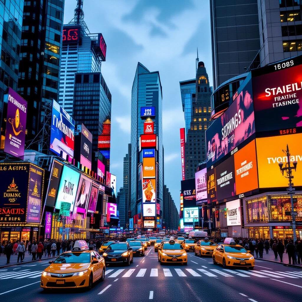 Image of Times Square in New York City featuring vibrant billboards yellow taxis and tall skyscrapers