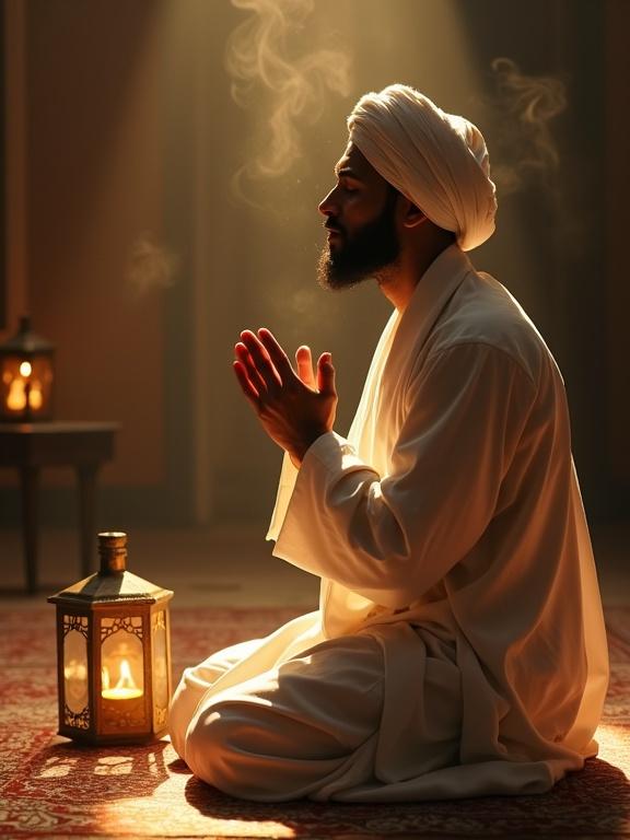 Serene image of a Muslim Sufi man in prayer. He wears white robes and a turban. Soft light from lanterns is present. He kneels on a prayer rug, hands raised in supplication, eyes closed. The scene contains incense smoke and ethereal patterns. Emphasis on emotion with tears and concentration. Rich tones in an intimate space.