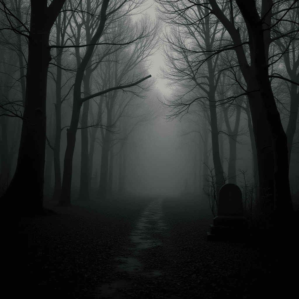 A mist-laden path weaves through an eerie, barren forest, cast in ominous shadows.