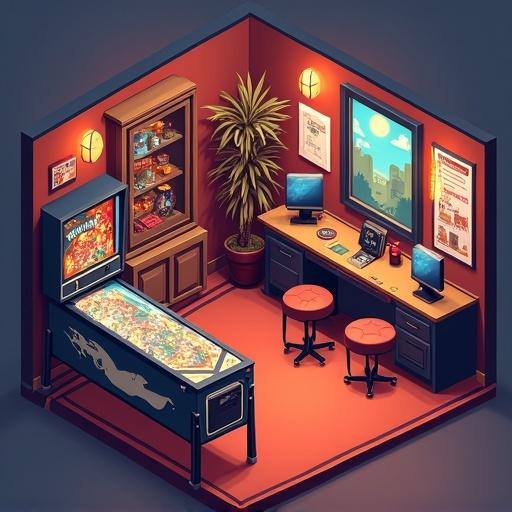 Isometric illustration of a pinball gaming room. Features pinball machine, computer desks, chairs, indoor plants, wall decor in a cozy design.