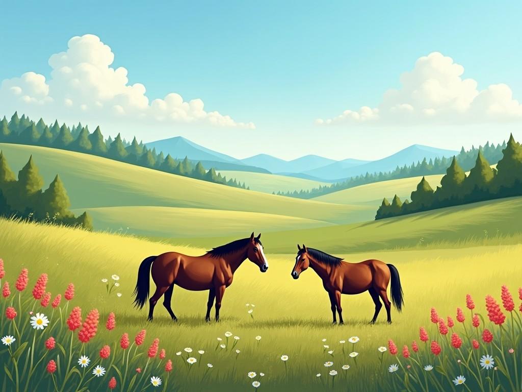 Two horses standing in a lush green meadow with colorful wildflowers, surrounded by rolling hills and distant mountains under a bright blue sky with fluffy clouds.