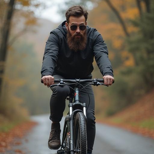 Man with a beard riding a bike in a natural setting. The scene captures the essence of outdoor adventure. The cyclist appears focused and engaged. The environment includes trees and a path, enhancing the cycling experience.
